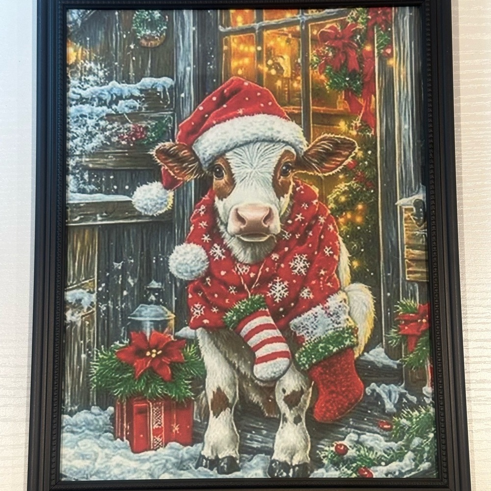 8x10 Brown Spotted Cow Hat Scarf Christmas Holidays Art Painting Print Framed